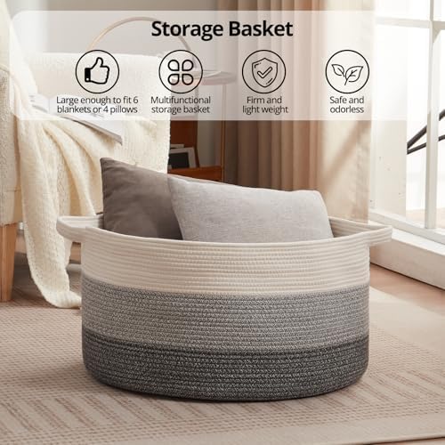 OIAHOMY 105L Extra Large Blanket Basket - Decorative Cotton Rope Storage Basket for Bedroom, Living Room & Nursery - Woven Laundry Hamper for Organizing Blankets, Clothes & Toys - Gradient Grey - Image 6
