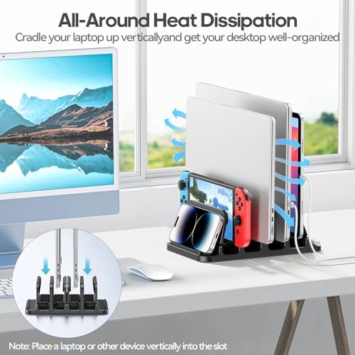 KDD 4-Slot Vertical Laptop Stand with Gravity Locking, 6-in-1 Laptop Holder Desktop Stand, Space-Saving Organizer Fits MacBook/Surface/HP/Dell/Book/Tablet/Switch/Cell Phone and Keyboard - Image 3