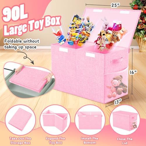 Large Toy Storage Box with Lid & Dividers, Collapsible Kids Toy Chest, Pink - Image 2