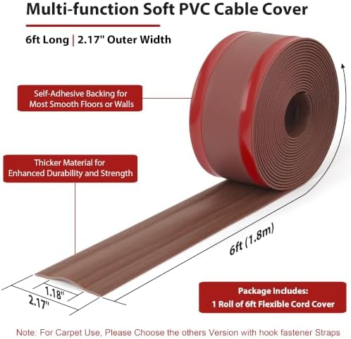 ZhiYo 6ft Cord Cover for Wires on Floors or Walls, 2.2in Wide, Dark Walnut - Image 2
