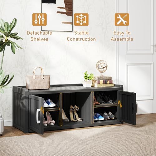 2-Tier Storage Bench, Waterproof UV-Resistant Outdoor Shoe Storage Cabinet with 2 Doors & Adjustable Shelves for Indoor Outdoor Entryway, Hallway, Living Room(Black) - Image 5