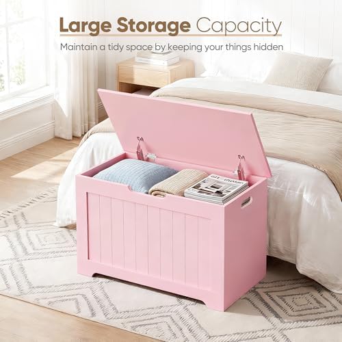 SUPER DEAL Storage Chest, 30 inches Chest Box Organizer with 2 Safety Hinges, Wooden Entryway Storage Bench, Pink - Image 5