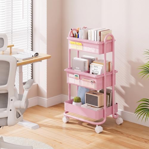 Modanais Baby Diaper Caddy Organizer Cart - 3 Tier Rolling Cart, Pink - Image 6