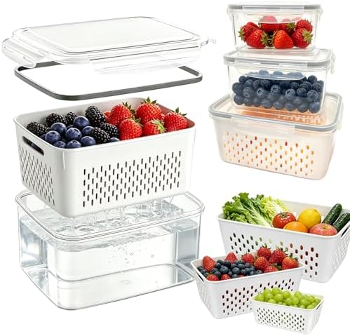 3 Pack Fruit Storage Containers for Fridge with Removable Colander by IKKAB