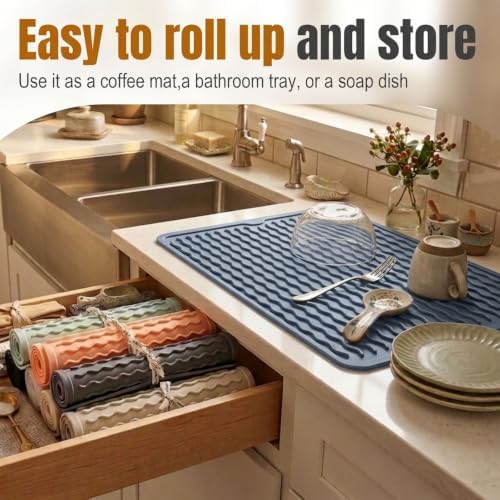 2 Pack Silicone Dish Drying Mat for Kitchen Counter Shower Caddy Rack Waterproof Trivets Placemats Meal Prep Essentials for Women Espresso Machine Station Appliances 28" x 20" Blue - Image 3