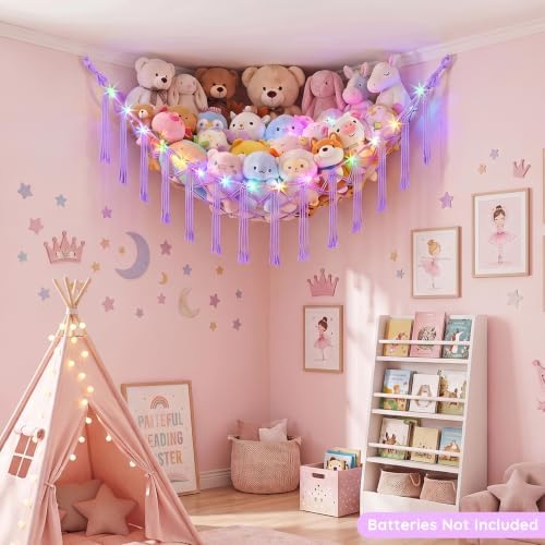 Basumee Stuffed Animals Hammock with LED Light Corner Net, Girls Room Decor - Image 4
