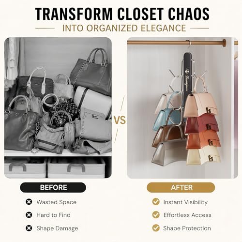 Purse Hanger, 2 Pack Purse Organizer for Closet with 16 Hooks for Heavy Bags, Sturdy Bag Storage, Rotatable Handbag Holder, Purse Rack Space Saving Backpack Hanging Closet Organizer Hangers, Black - Image 3