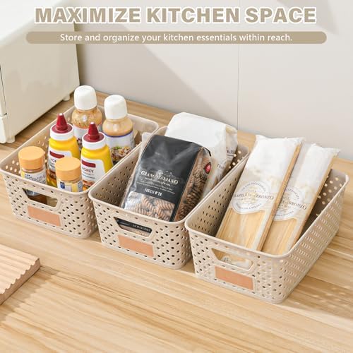 Homaigie 12 Pack Plastic Storage Baskets for Organizing, Storage Baskets for Shelves with Handles, Small Storage Bins with Labels, Classroom Storage Organization for Cabinet,Closet, Office,Natural - Image 6