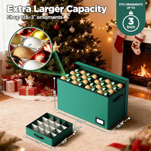 Christmas Ornament Storage Box, Ornament Organizer Storage box with Lids and Adjustable Dividers, Store Up to 128-3" Ornaments, Large Holiday Decor Storage Container with 8 Stackable Trays, Green - Image 5