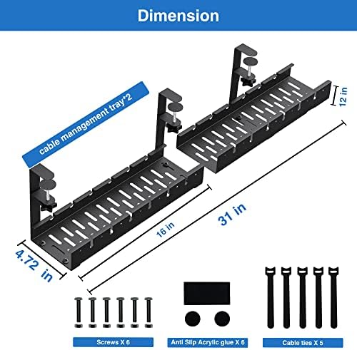 No Drilling Extendable Under Desk Cable Management, Metal Cable Management Tray Under Desk with Clamp, Retractable Power Strip Cord Holder for Wire Management 31Inch(1 Pack Black Extendable 31') - Image 4