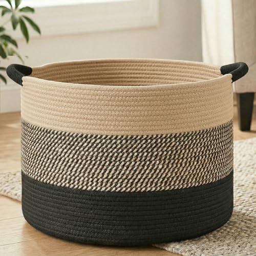 Artfeel 70L Large Cotton Rope Basket, Decorative Woven Blanket Storage for Living Room, Boho Toy Storage & Toy Box for Kids, Versatile Laundry Basket & Nursery Hamper for Blankets(BlackBrown) by Artfeel