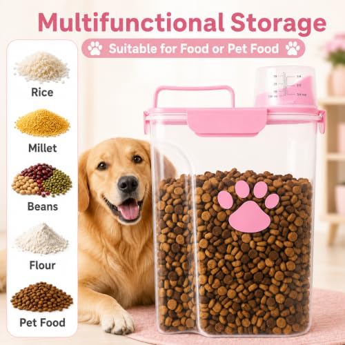 5-7Lbs Airtight Dog Cat Food Storage Container with cleaning brush,Measuring Cup,4 Snap Seals,Portable Pet Food Containers with Upgraded Large Nozzle for Dogs,Cats,Birds,Small Animals(Large-Pink) - Image 5