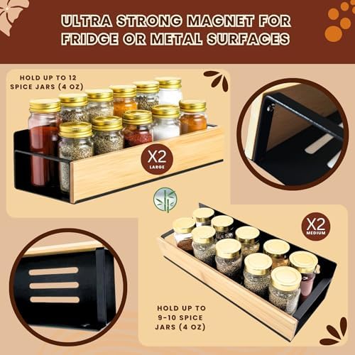(4 Pack) Magnetic Spice Storage Rack Organizer for Refrigerator and Oven, Real Bamboo, 4 Strong Magnetic Shelf, Black Fridge Storage, Spice Rack Organizer, high quality metal - Image 6