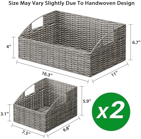 Pantry Baskets Organization, Wicker Storage Bin Shelf Grey - Image 7