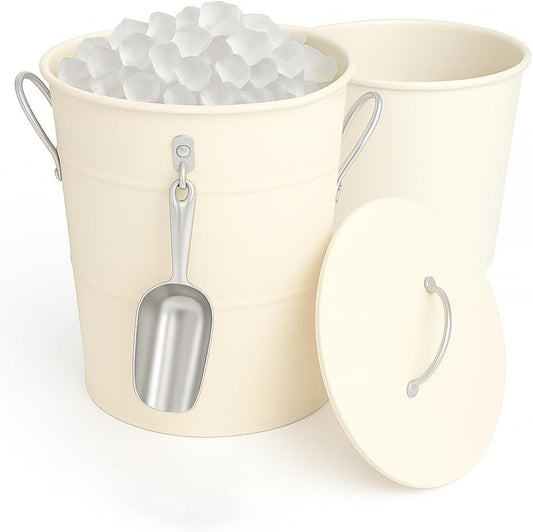 Insulated Ice Bucket with Lid Scoop Handle for Parties Cocktail Bar, 4L Round Mental Champagne Drink Wine Bucket for Drinks White