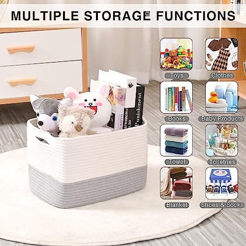 ICERZCZ Storage Baskets for Organizing Shelves, Woven Cotton Rope Bins for Baby Nursery Organization, Book Toy Towel Organizer, 15"x11"x9.5", 3 Packs, Off White & Grey - Image 4