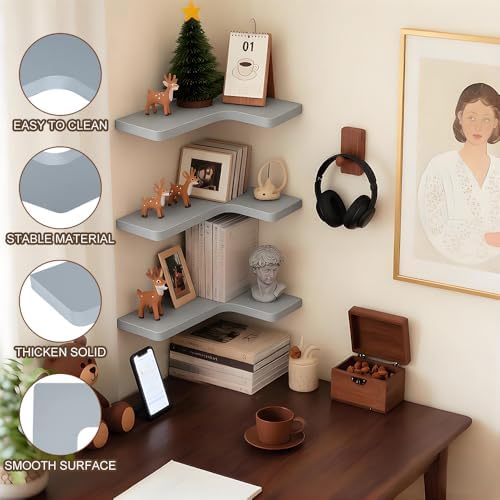 Floating Corner Shelves Set of 3, Solid Wood Picture Wall Shelf, Floating Shelves for Storage for Bedroom Kitchen Bathroom Living Room (Grey) - Image 7