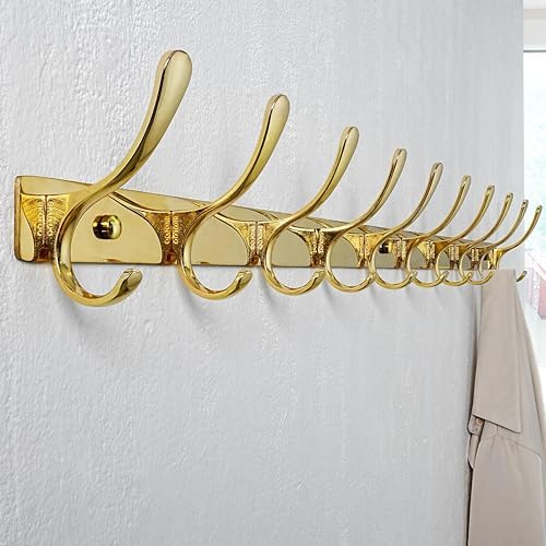 SKOLOO Coat Rack Wall Mounted - 10 Hooks, Pack of 2, Heavy Duty, Stainless Steel, Metal Wall Hangers, Sturdy Coat Hooks for Hanging Coats, Jacket, Clothes, Hat, Bright Gold - Image 3