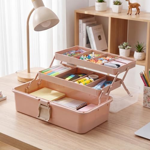 BTSKY 3-Layer Foldable Craft Organizer, Portable Tackle Box with Handle & Adjustable Dividers, Multi-Purpose Toolbox for Art Supplies, Sewing, Medicine, 12.2x6.7x5.7 Inch, Blush Pink - Image 2