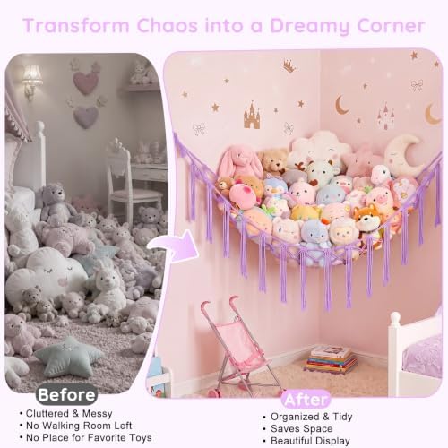 Basumee Stuffed Animals Hammock with LED Light Corner Net, Girls Room Decor - Image 2