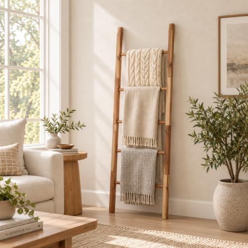 5-Tier Freestanding Blanket Ladder, Farmhouse Quilt Rack - White Oak by VICTORYRELAX
