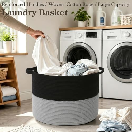 90L Large Blanket Basket,Woven Laundry Basket-Black&Light Grey - Image 5