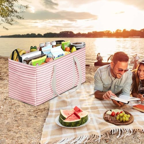 LHZK Standing Extra Large Utility Tote Bag with Metal Wire Frame and the Sides Rinforced, Extra Large Tote Bag with Handle, Reusable Grocery Bags Foldable, Beach Bag, Car Tote (Pink, 26''x15''x13'') - Image 7