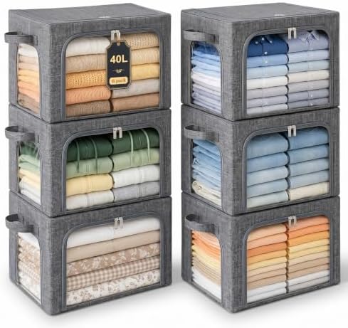 GoMaihe Clothes Storage Bins with Metal Frame for Sweaters, 40L 6-Pack Grey by GoMaihe