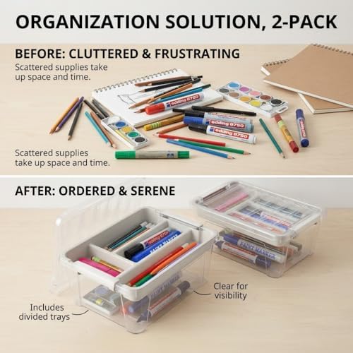 8-Quart Clear Plastic Storage Box with Removable Tray 2-Pack Craft Bins Organizers Containers - Image 4