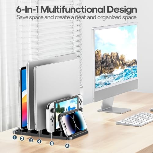 KDD 4-Slot Vertical Laptop Stand with Gravity Locking, 6-in-1 Laptop Holder Desktop Stand, Space-Saving Organizer Fits MacBook/Surface/HP/Dell/Book/Tablet/Switch/Cell Phone and Keyboard - Image 2