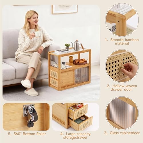 Tiita Rattan Nightstand, Bamboo End Table with Glass Top & Storage, Wood - Image 4