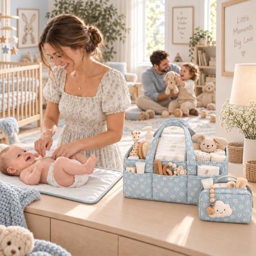 PeraBella Baby Diaper Caddy Organizer 3 Pcs Set, Floral Baby Basket Shower Gift, Nursery Organizer Basket for Newborn Boy Girl Essential Items, Changing Table Organizer Caddy for Baby Stuff, Car Caddy - Image 4