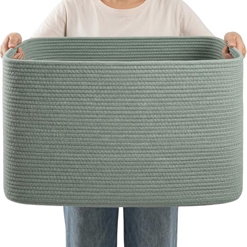 75L Green Cotton Rope Storage Basket, Large Rectangle Laundry Hamper with Handles, 22”x17”x12” Woven Blanket and Toy Basket for Living Room, Bedroom and Nursery by Hobasket