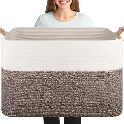 OIASKET 108L Cotton Rope Storage Basket for Living Room and Bedroom 25"x16"x16" Woven Laundry Basket, Heavy Duty Bin for Blankets, Pillows & Toys, Pet-Safe & Scratch-Free, Dark Brown and White by OIASKET