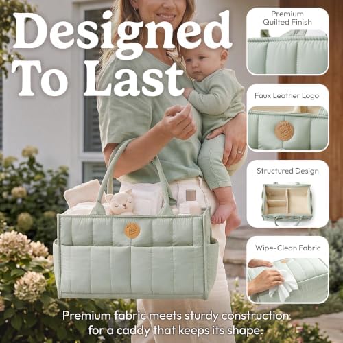 Baby Diaper Caddy Organizer - Portable Diaper Caddy with Handles & Removable Dividers - Large & Quilted Nursery Storage Basket - Changing Table Bag for Car - Baby Shower & Registry Gift - Sage Green - Image 4