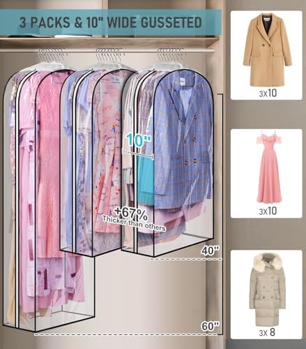 MISSLO 10" Gusseted All Clear Garment Bags for Hanging Clothes 40"+60" Suit Bags for Closet Storage Dresses Protectors for Shirts, Coats, Gowns, 3 Packs - Image 2