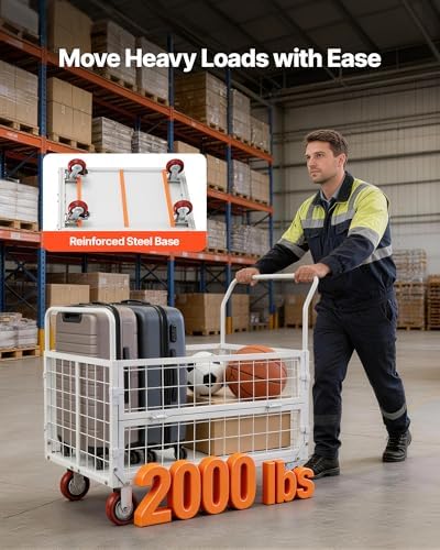 VEVOR Platform Truck Cart with Cage, 2000 lbs Capacity, 6-in-1 Foldable Flatbed Cart with Swivel Wheels, Heavy Duty Hand Truck, Multi-Functional Push Dolly, for Grocery Laundry, 44.5 x 26.6 x 42.1 in - Image 2