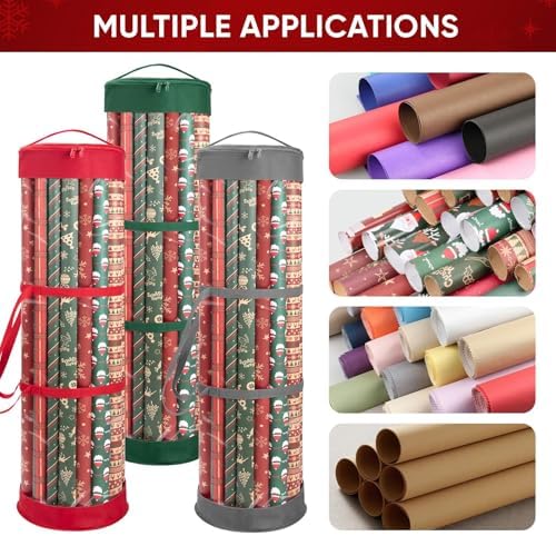 BALEINE Christmas Wrapping Paper Organizer Storage, 41" Gift Wrapping Paper Storage Containers, Clear PVC with Durable 600D Oxford Fabric Gift Wrap Paper Holder Fits 18-25 Rolls, Green - Image 7