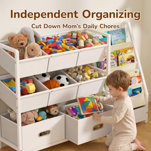 Kids Toy Storage Organizer, Kids Bookshelf and Toy Storage with 9 Bins, Montessori Toddler Bookshelf, Playroom Storage Organization, Baby Book Shelf for Kids Rooms, Nursery, White - Image 4