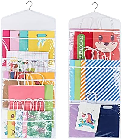 ProPik Hanging Double Sided Gift Bag Storage Organizer with Multiple Front and Back Pockets - Organize Your Gift Wrap, Tissue Paper, and Paper Bags 38 x 16 Inch PVC (White) by ProPik