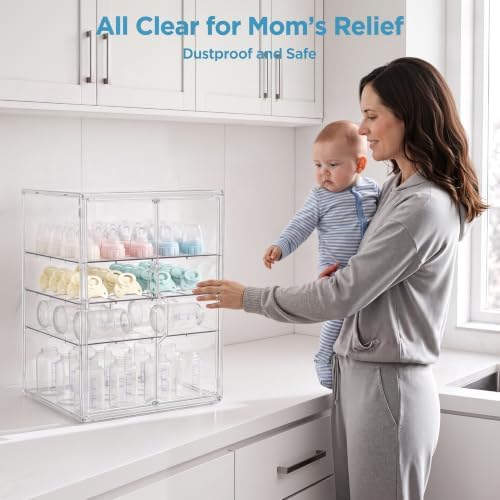HBlife Baby Bottle Storage Organizer for Countertop Cabinet, 4 Tiers Adjustable Clear Acrylic Bottles Storage Station Case Box Container with 3 Removable Dividers and Magnetic Double Door, X-Large - Image 2