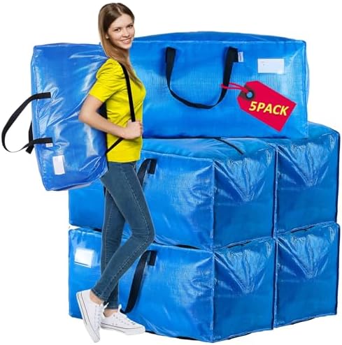 AlexHome Heavy Duty,Extra Large Packing Bags for Moving,Reusable Plastic Moving Totes,Clothes Storage Containers,Moving Supplies Bins,Compatible with Ikea Frakta Cart (Blue,Set of 5) by AlexHome