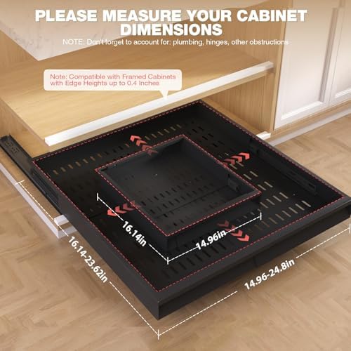 Seinloes Pull Out Cabinet Organizer, 4-Side Expandable to Fit Most Cabinets, 3 Rail Slide Out Drawers with Raising Pad for Framed & Frameless Cabinets, 15"-25" W x 17"-24" D, Black, 2 Pack - Image 3