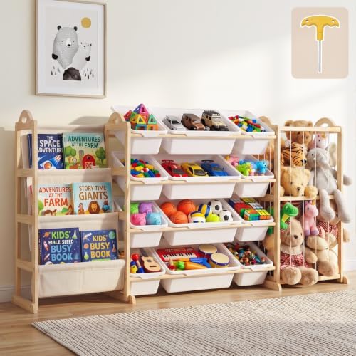 LAMU 3-in-1 Toy Storage Organizer with 3-Tier Bookshelf, Stuffed Animal Storage with 12 Bins and 4 Shelves, Wooden Book Shelf for Playroom Kids Room Nursery Bedroom Living Room Decor, White by YourHome-OrganizationHelper