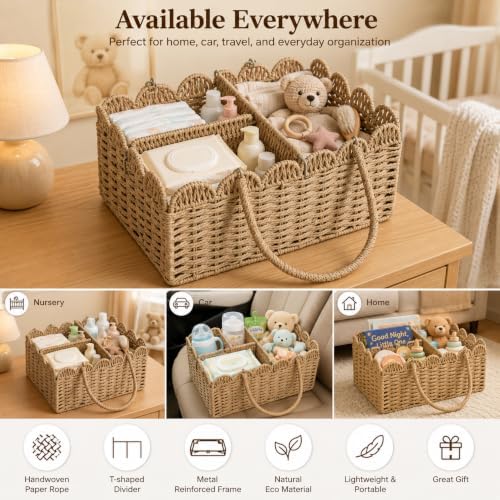 Large Wicker Diaper Caddy Organizer, Scalloped Nursery Basket for Changing Table, Woven Rope Baby Holder with Removable Divider, Portable Organizer for Diapers Wipes Clothes Toys & Essentials (Khaki) - Image 3