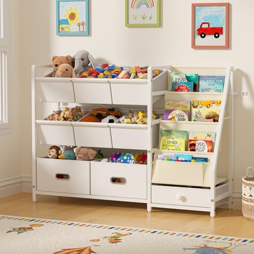 Kids Toy Storage Organizer, Kids Bookshelf and Toy Storage with 9 Bins, Montessori Toddler Bookshelf, Playroom Storage Organization, Baby Book Shelf for Kids Rooms, Nursery, White by Unknown