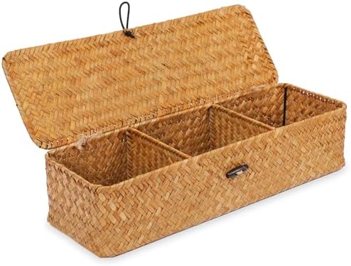 Nonam 3-Section Divided Storage Small Basket with Lid,Shelf Basket-Natural by Home