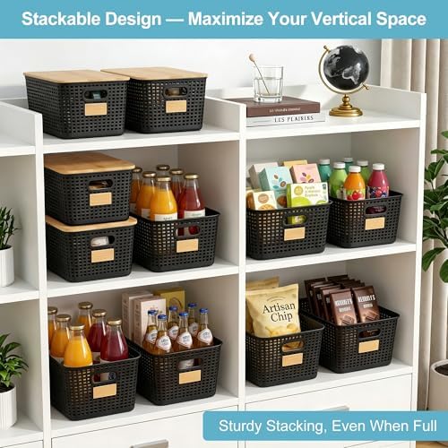 Bagnizer 2 Pack Tall Plastic Storage Bins with Bamboo Lids, 10.8qt Stackable Storages Baskets for Organizing Desktop Closet Playroom Classroom Office, 12"L x 8.3"W x 6.1"H, Black - Image 7