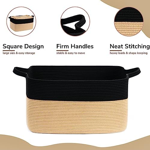 Goodpick Large Woven Blanket Basket, Rectangle, Black & Camel - Image 6