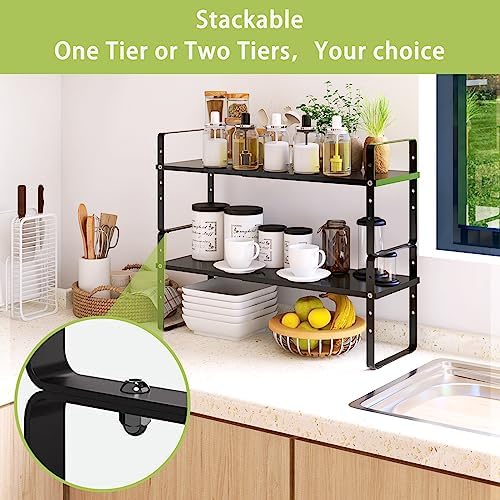 Across-Star Expandable Cabinet Shelf Organizer Rack, Stackable Kitchen Counter Storage Shelves Stand, Adjustable Height Pantry Shelf Spice Rack (Black, 1 Pack) - Image 4
